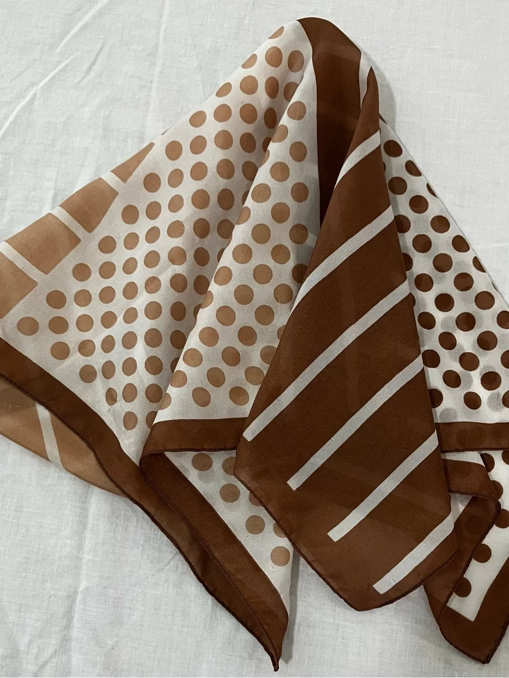 1970's Neutral Dot & Stripe Scarf in Brown and Cream